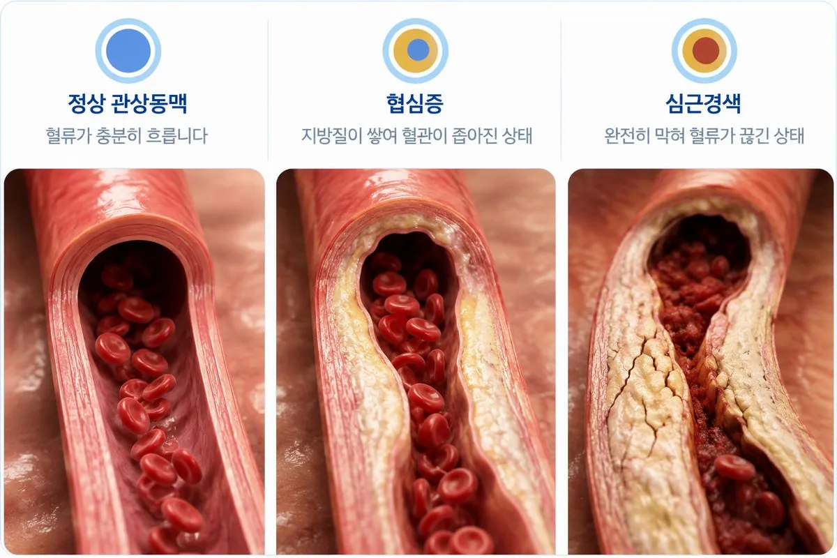 정상 관상동맥, 협심증, 심근경색의 혈관 단면 비교