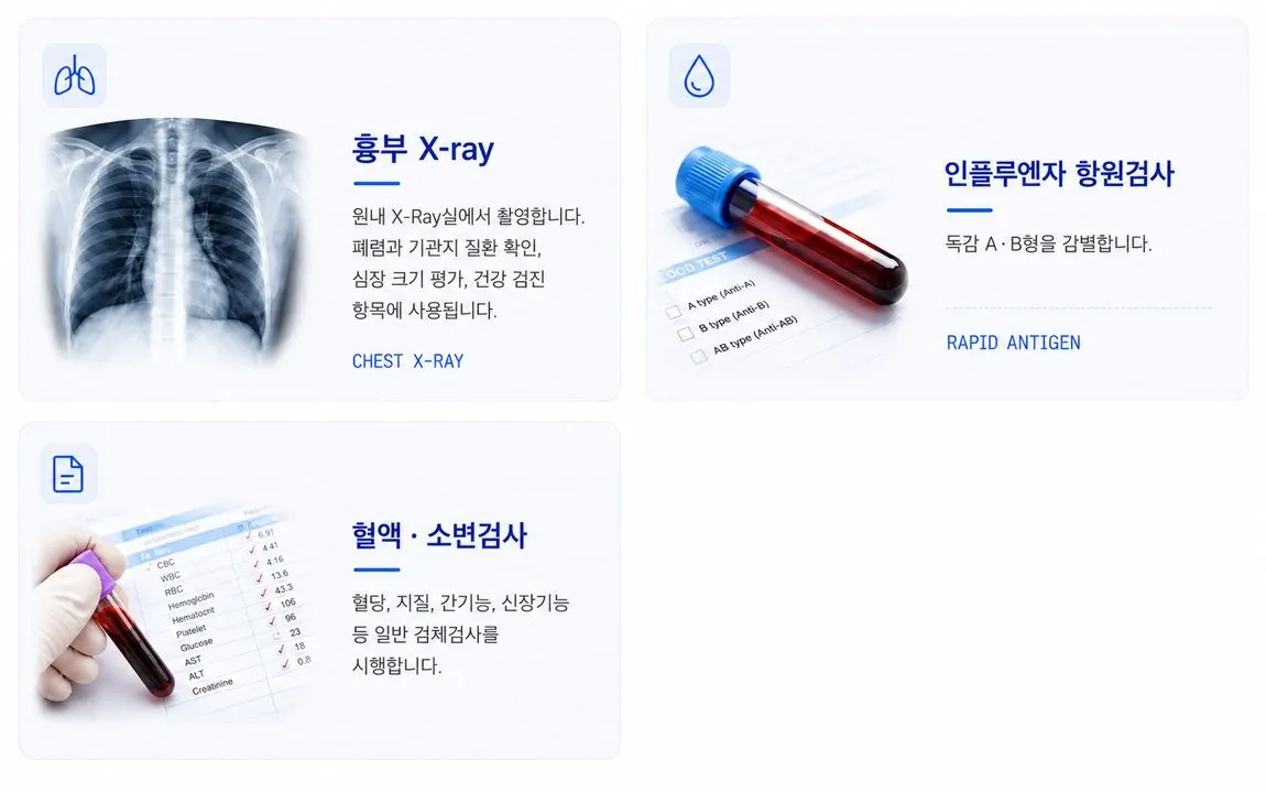 흉부 X-ray, 인플루엔자 항원검사, 혈액·소변검사